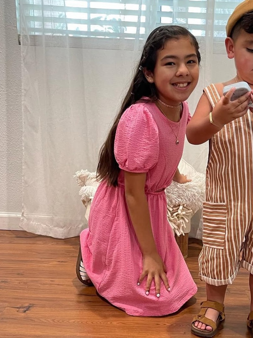 Zara Pink Puff-Sleeve Textured Dress for Kids